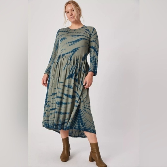 ANTHROPOLOGIE Dolan Eliska Tie-Dye Modest Oversized Dress Moss Green/Blue Sz. M - Picture 4 of 11